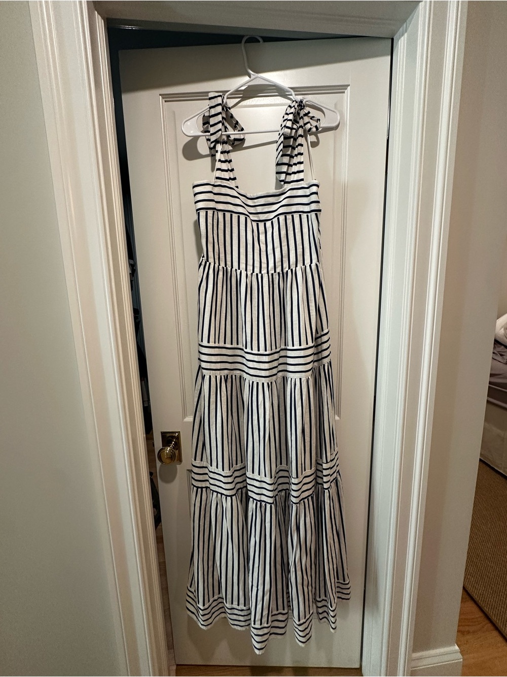 Striped Tie-Shoulder Maxi Dress in White and Black